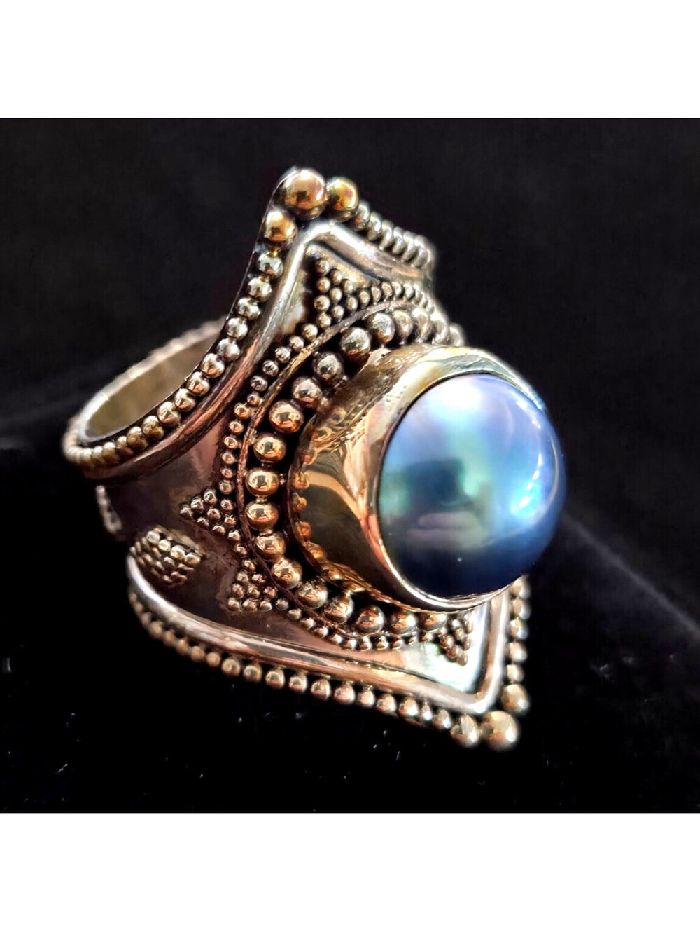 Meran Sterling Silver Indonesia Mabe Blue Pearl Wide Dome Ring Sz 8.5 VTG